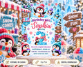 A birthday party invitation featuring a snowy winter theme with penguins, snowflakes, and a "Sophia is turning" message. The invitation is surrounded by various winter-themed decorations, including snow cones and a "Snow Fun" sign.