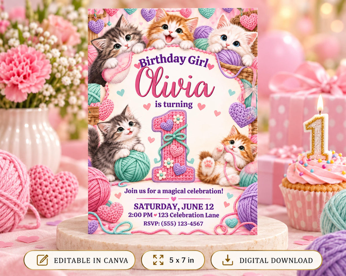 A birthday invitation featuring a cat theme, with illustrations of cats and hearts surrounding the text "Birthday Girl Olivia is turning 1".