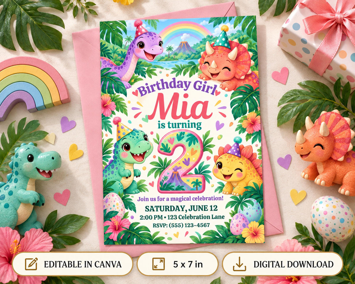 A birthday invitation for a girl named Mia, featuring a jungle theme with various dinosaur characters and colorful decorations.