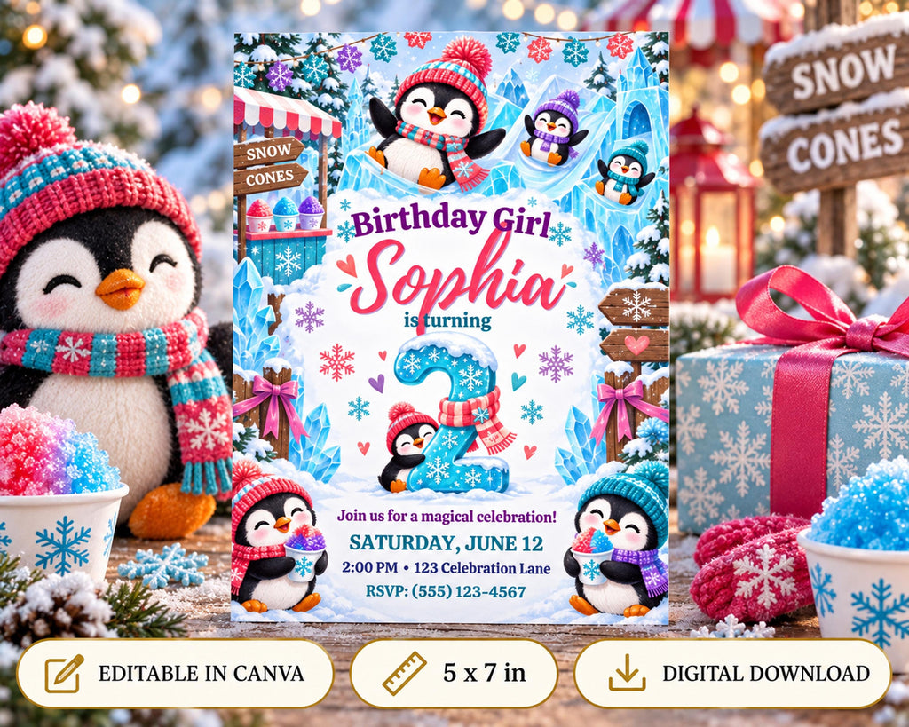 A birthday party invitation featuring a penguin theme, with a snowy background and various penguin illustrations. The invitation is surrounded by festive decorations, including snow cones, gift boxes, and a stuffed penguin toy.