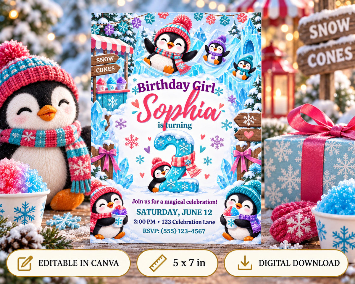 A birthday party invitation featuring a penguin theme, with a snowy background and various penguin illustrations. The invitation is surrounded by festive decorations, including snow cones, gift boxes, and a stuffed penguin toy.