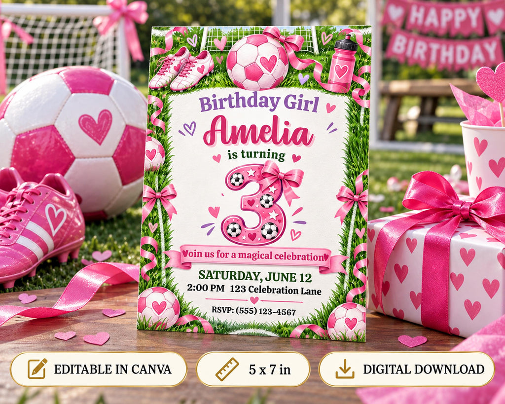 The image is a birthday invitation for a girl named Amelia, featuring a soccer theme with pink and white colors, hearts, and soccer balls. The invitation is surrounded by soccer balls, a pair of pink shoes, and a pink gift box, creating a festive and sports-themed atmosphere.