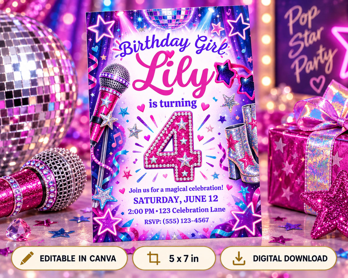 Birthday party invitation for a girl named Lily turning 4, featuring a disco ball, microphone, and stars, with a pink and purple color scheme.