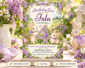 The image is a birthday invitation featuring a bunny theme, with the number 4 prominently displayed. The invitation is set against a backdrop of purple flowers and includes details about a magical celebration on Saturday, June 12th at 2:00 PM at Celebration Lane. The invitation also includes options to edit the image in canvas and download it as a digital file.