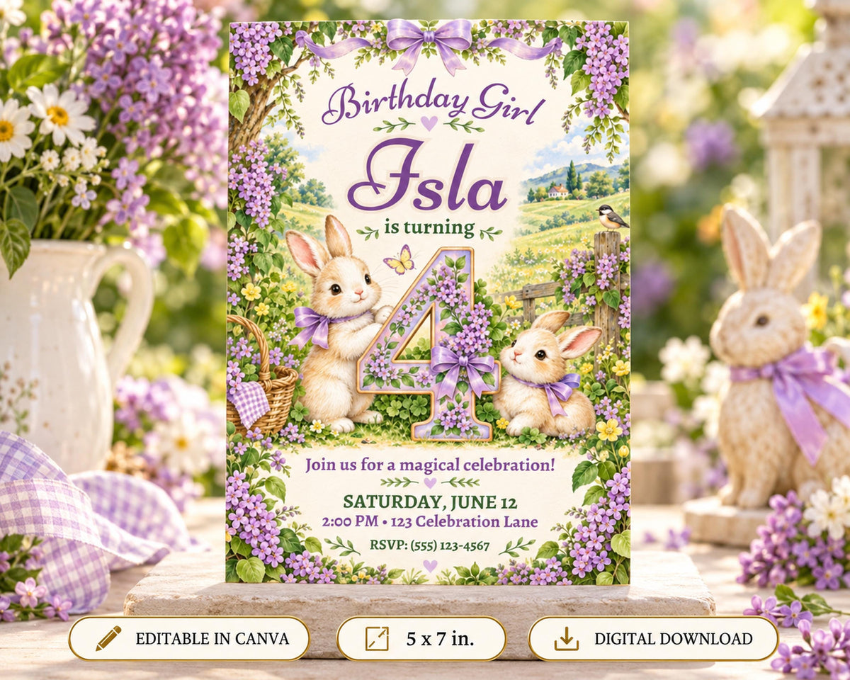 The image is a birthday invitation featuring a bunny theme, with the number 4 prominently displayed. The invitation is set against a backdrop of purple flowers and includes details about a magical celebration on Saturday, June 12th at 2:00 PM at Celebration Lane. The invitation also includes options to edit the image in canvas and download it as a digital file.