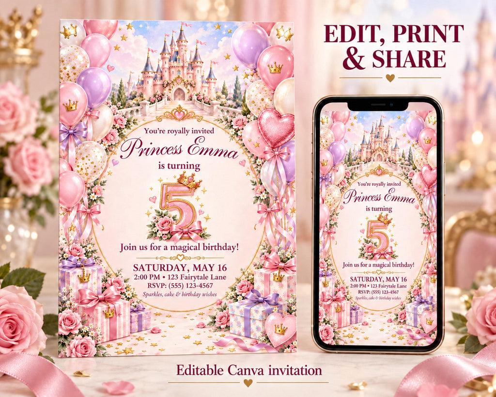 The image is a birthday invitation for Princess Emma, featuring a castle, balloons, and presents. The invitation is for her 5th birthday and invites guests to a magical birthday party.