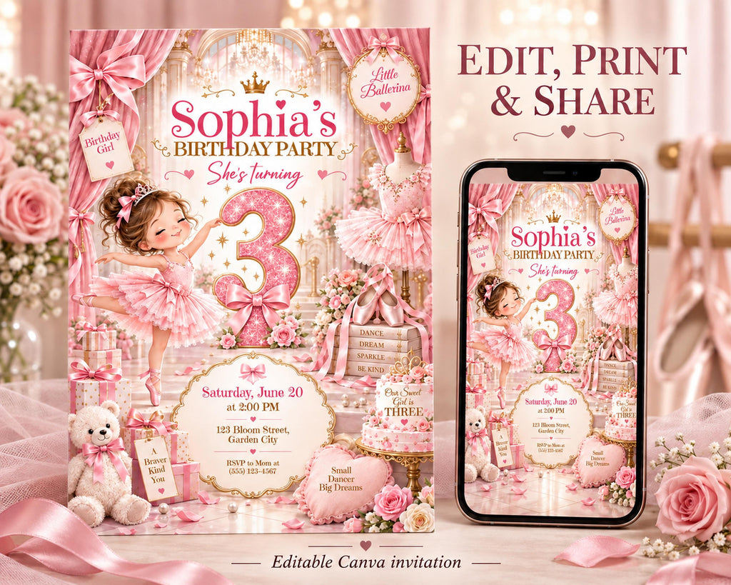 The image is a birthday party invitation featuring a young girl in a pink tutu and ballet slippers, with a pink and gold theme. The invitation includes details about the party, such as the date, time, location, and a description of the theme.