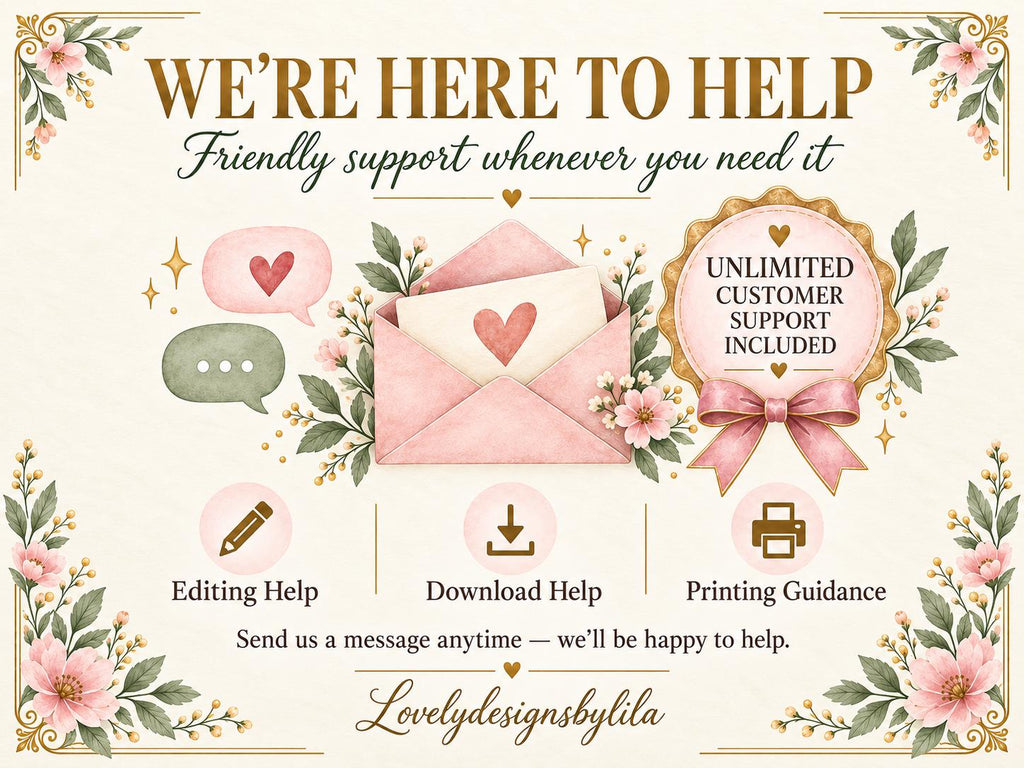 The image is a promotional poster for a company called "Lovely Designs by Lila", featuring various services such as editing, download, printing guidance, and customer support.
