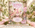 The image is a birthday party invitation featuring a whimsical and enchanting theme with a fairy theme, including a castle, flowers, and butterflies.