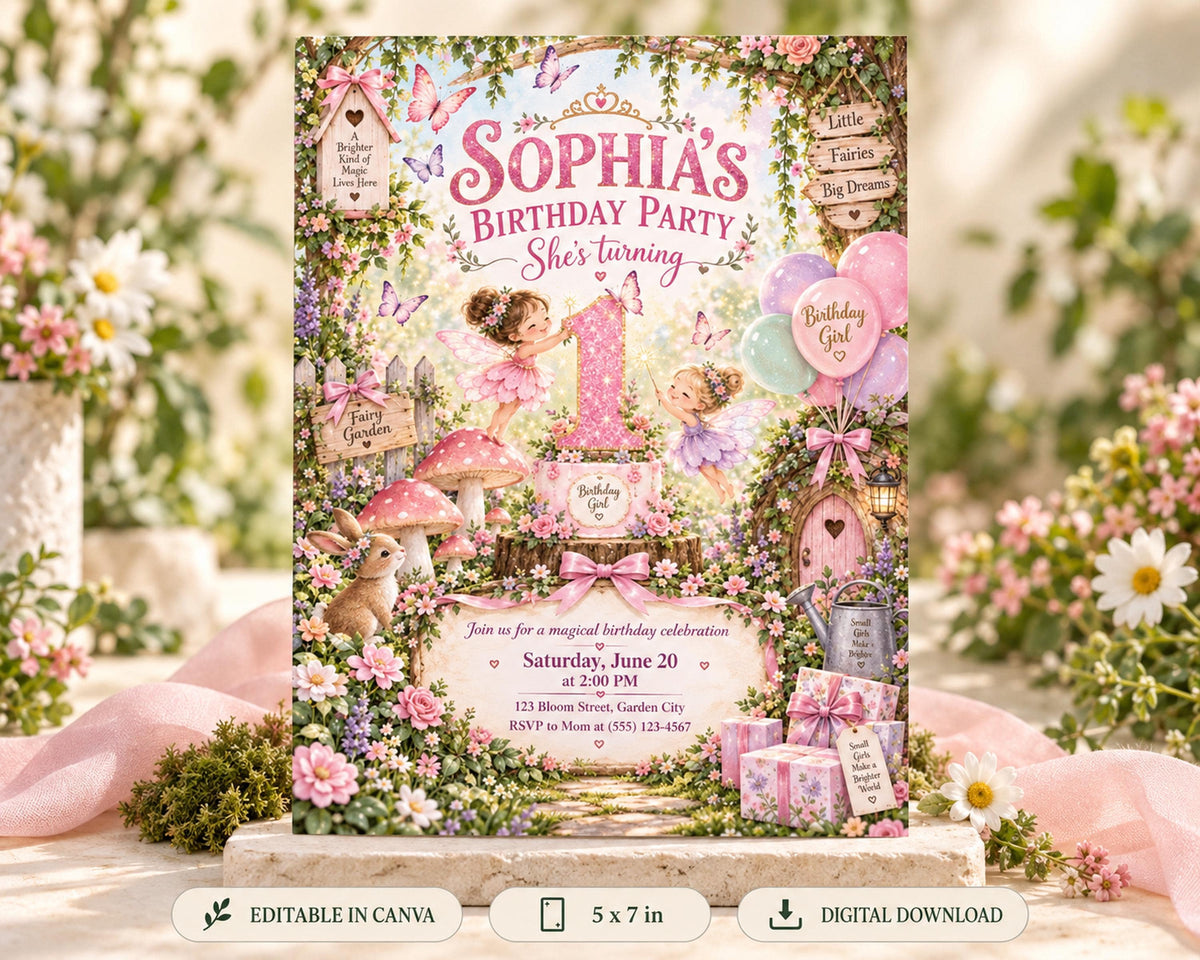 The image is a birthday party invitation featuring a whimsical and enchanting theme with a fairy theme, including a castle, flowers, and butterflies.