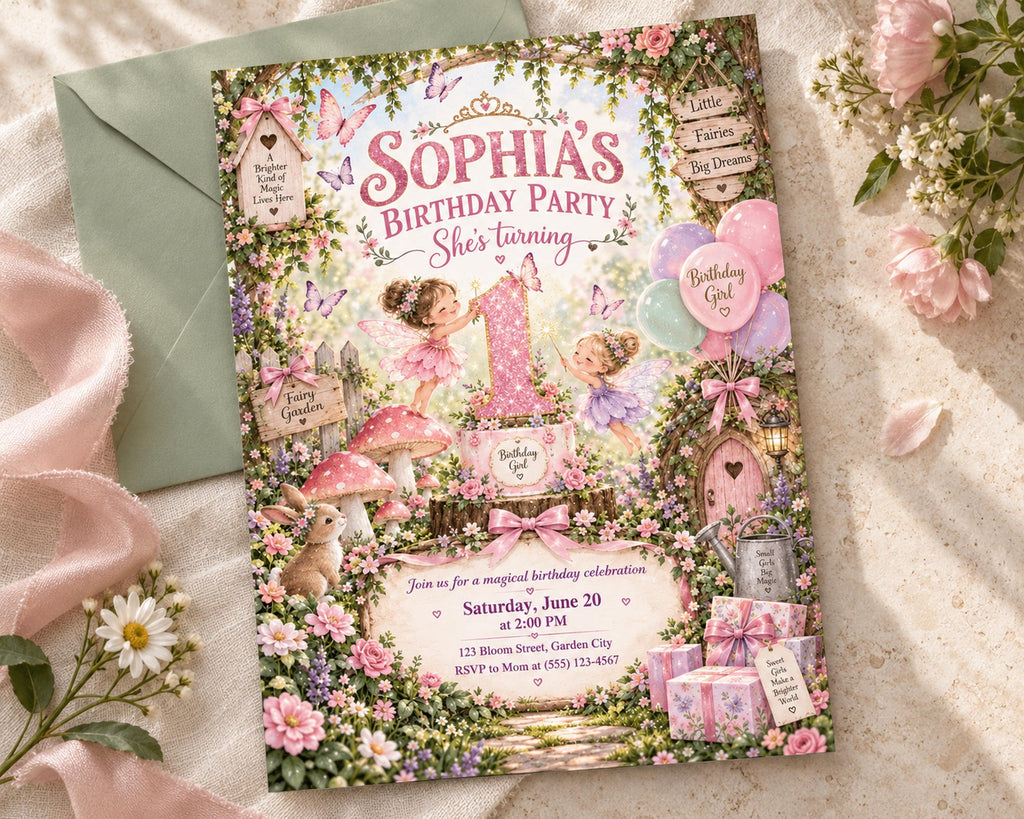 The image is a birthday party invitation featuring a whimsical forest theme with illustrations of fairies, mushrooms, and a young girl.