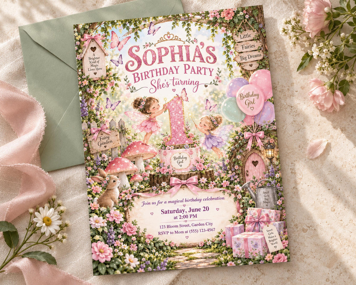 The image is a birthday party invitation featuring a whimsical forest theme with illustrations of fairies, mushrooms, and a young girl.