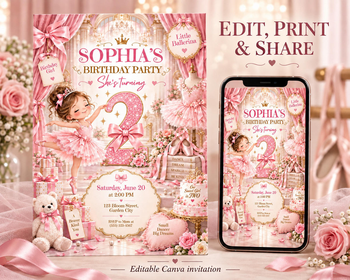 The image is a birthday party invitation featuring a young girl in a pink tutu, surrounded by pink flowers and other decorative elements. The invitation is for a "Sophia's Birthday Party" and includes details about the event, such as the date, time, location, and a list of items to bring. The invitation also includes a mobile phone image and a small stuffed animal, adding a playful touch to the design.