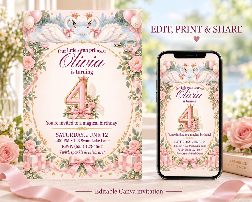 The image is a birthday invitation for a little girl named Olivia, featuring a pink and white color scheme with floral designs and balloons.
