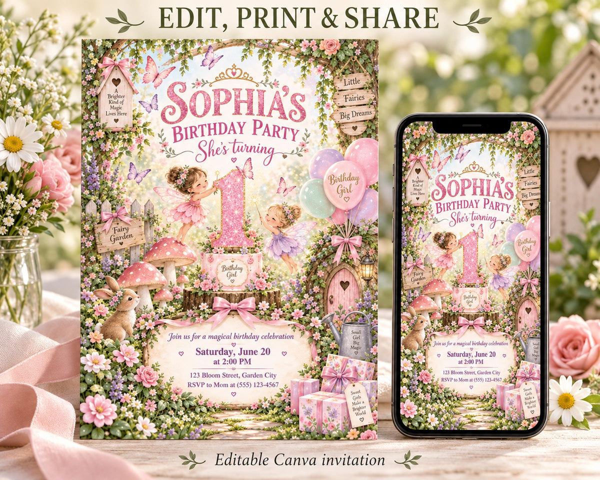 The image is a birthday party invitation featuring a whimsical forest theme with a princess theme. The invitation includes details about the event, such as the date, time, location, and RSVP information.