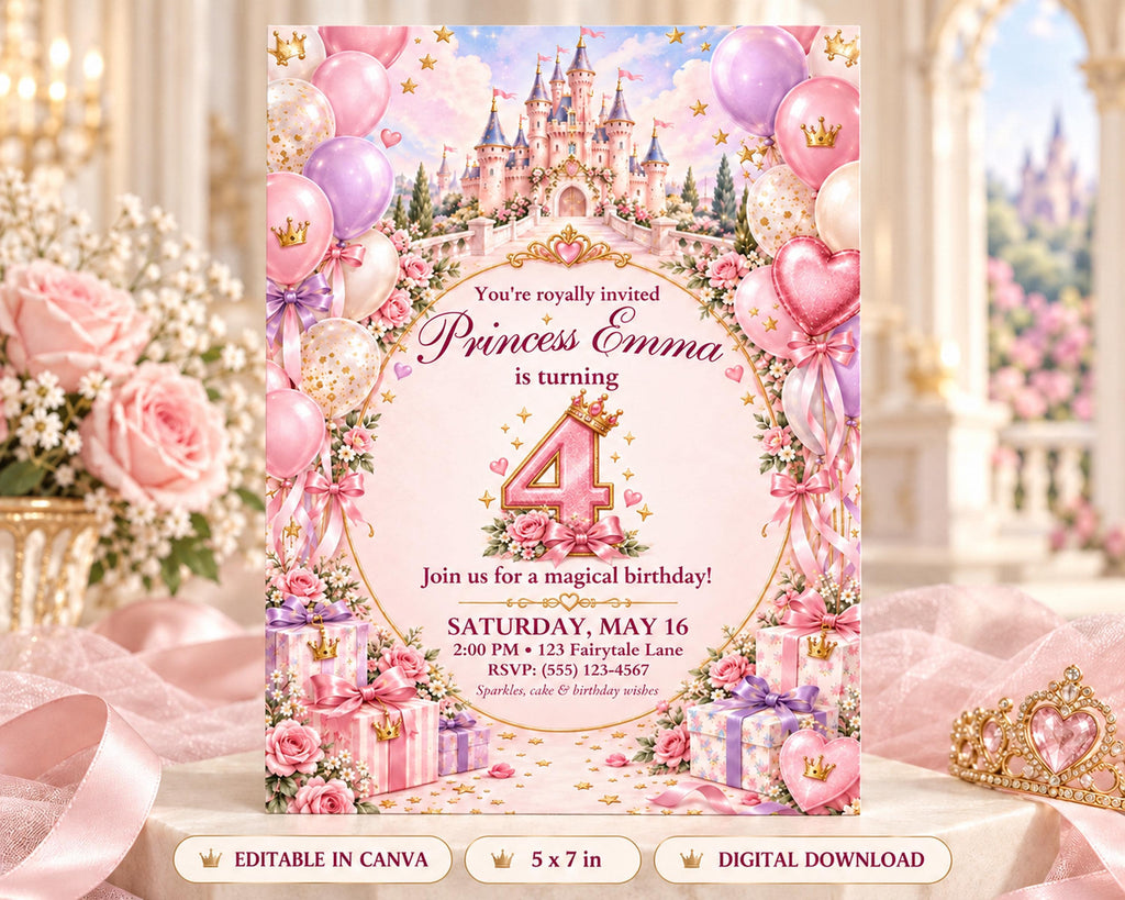 A pink and purple birthday invitation for Princess Emma's 4th birthday party, featuring a castle, balloons, and presents.