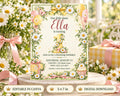 The image is a birthday invitation for a little girl named Ella, featuring a floral border and decorative elements such as balloons and a cupcake.