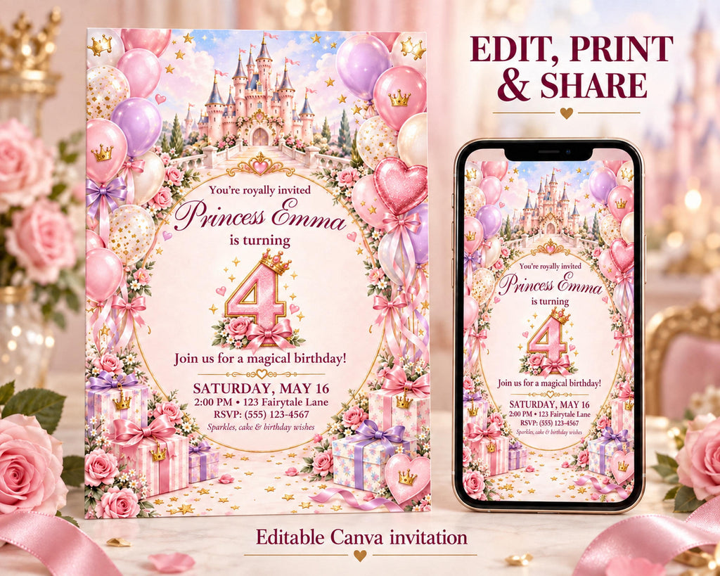 The image is a birthday invitation for Princess Emma, featuring a castle, balloons, and presents. The invitation is for a magical birthday party and includes details about the event, such as the date, time, location, and RSVP information.
