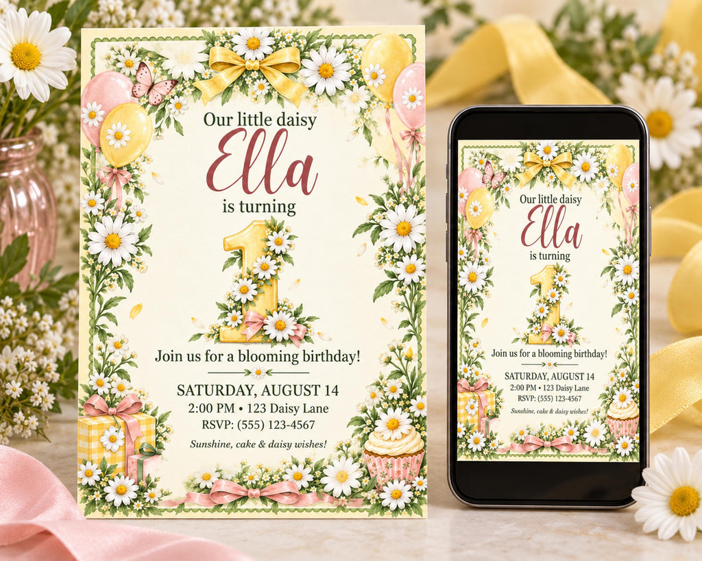 a birthday invitation for a little girl named Ella, with a floral design and a digital version of the same invitation displayed on a smartphone.