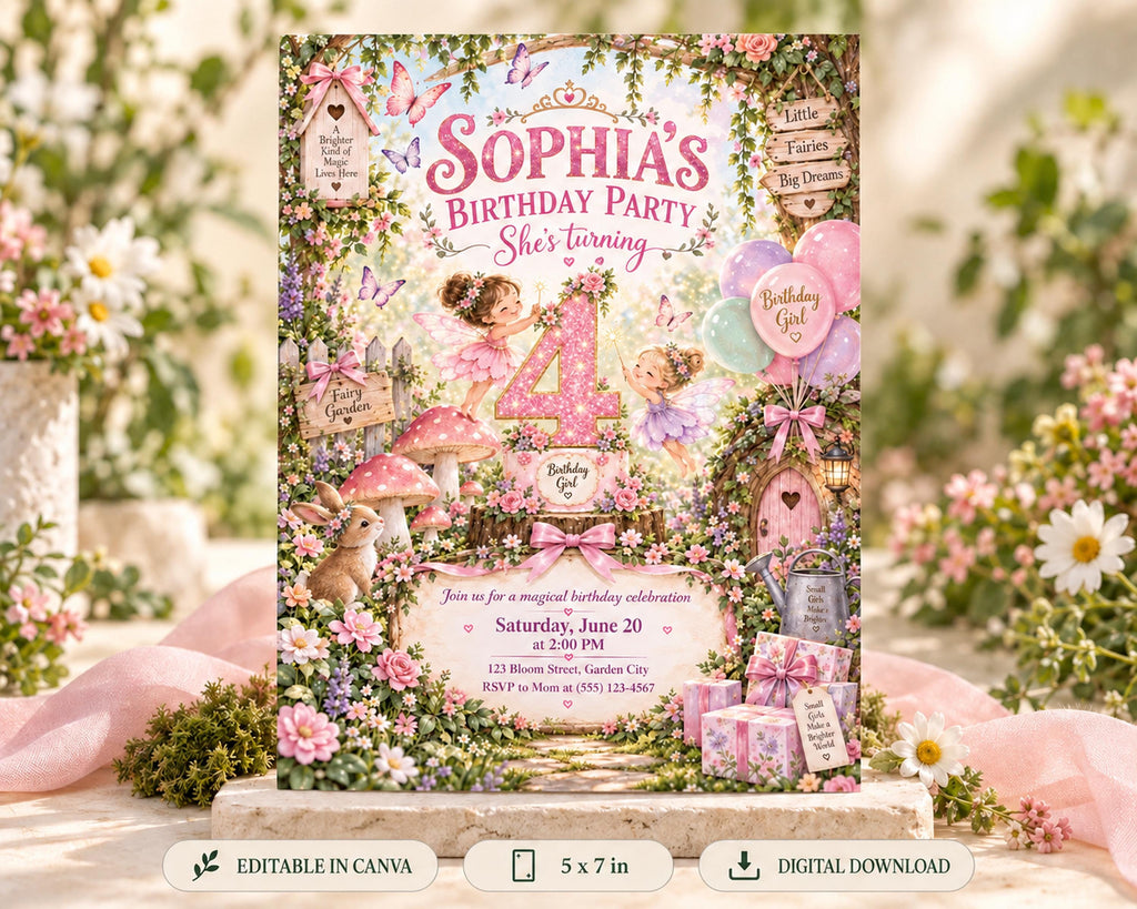 The image is a birthday party invitation featuring a whimsical, fairy-themed design with various elements such as flowers, mushrooms, and a young girl.