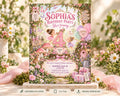 The image is a birthday party invitation featuring a whimsical, fairy-themed design with various elements such as flowers, mushrooms, and a young girl.