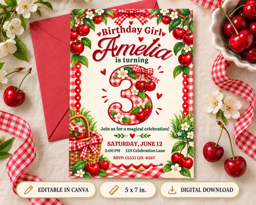 The image is a birthday invitation for a girl named Amelia, featuring a red and white checkered border, cherries, and a basket. The invitation is surrounded by flowers and a bowl of cherries, creating a festive and whimsical atmosphere.
