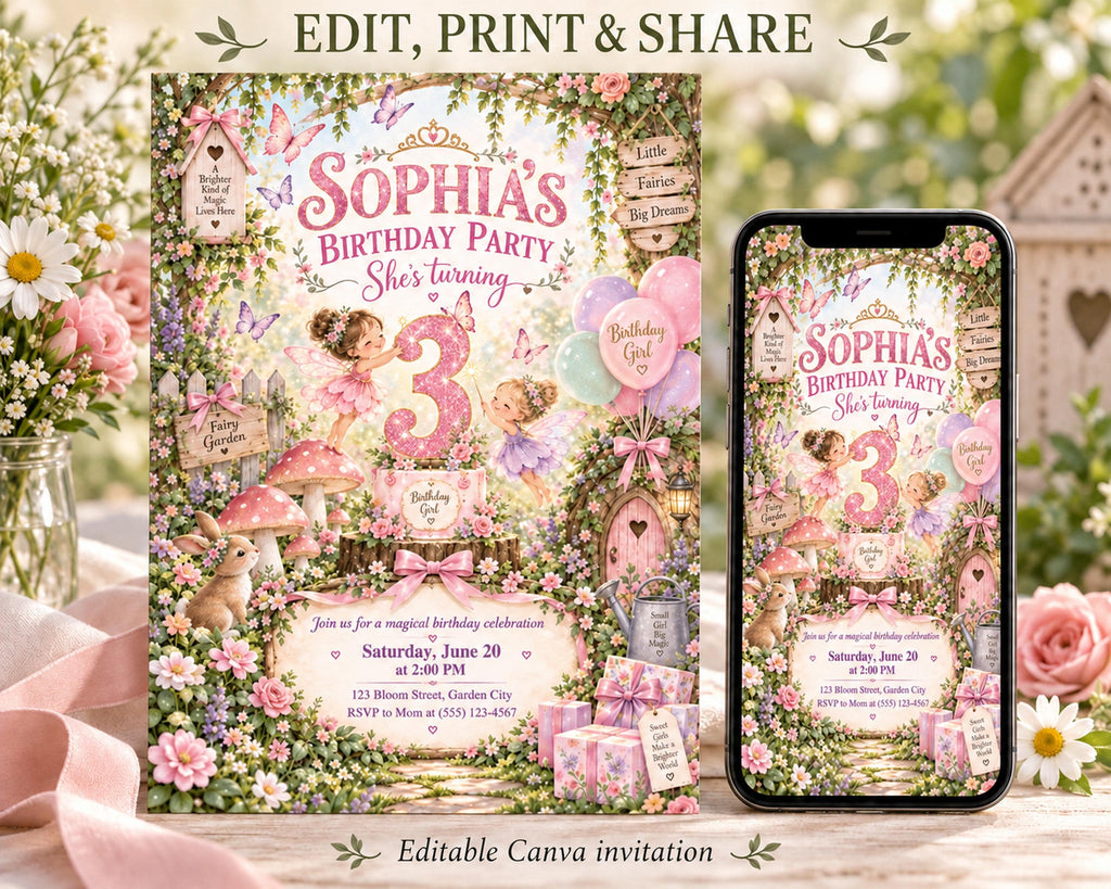 The image is a birthday party invitation featuring a whimsical forest theme with a young girl's name, "Sophia", and the number 3. The invitation is designed to be edited, printed, and shared on a smartphone.