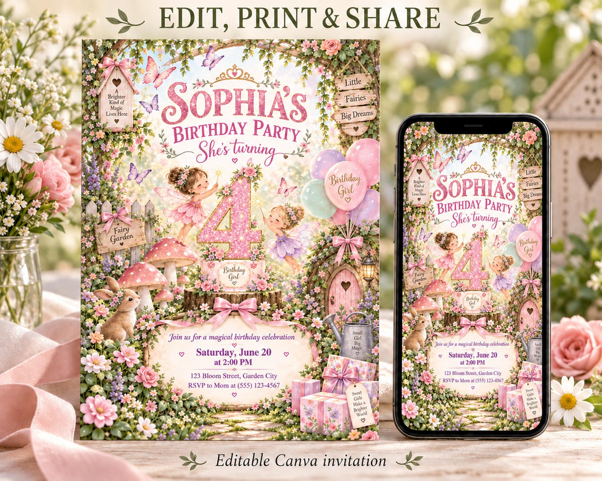 The image is a birthday party invitation featuring a whimsical forest theme with a young girl turning 4. The invitation includes details about the event, such as the date, time, location, and RSVP instructions. The invitation is accompanied by a smartphone image of the same design, and the text "Edit, Print & Share" suggests that the invitation can be easily shared and edited.