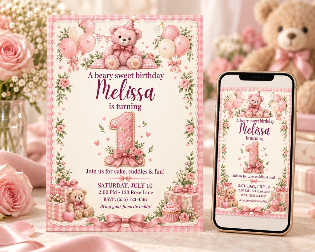 A pink birthday invitation for Melissa's 1st birthday party, featuring a teddy bear, balloons, and a cake.