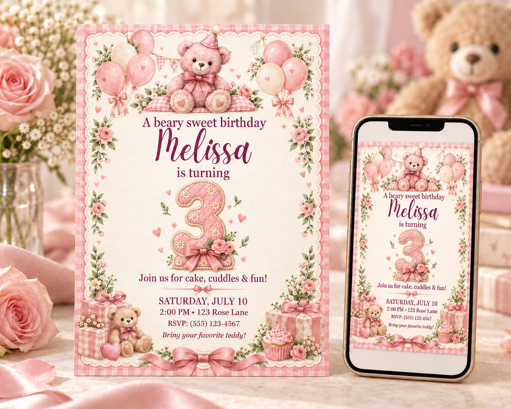 A pink birthday invitation for a girl named Melissa, featuring a teddy bear, balloons, and a cake.