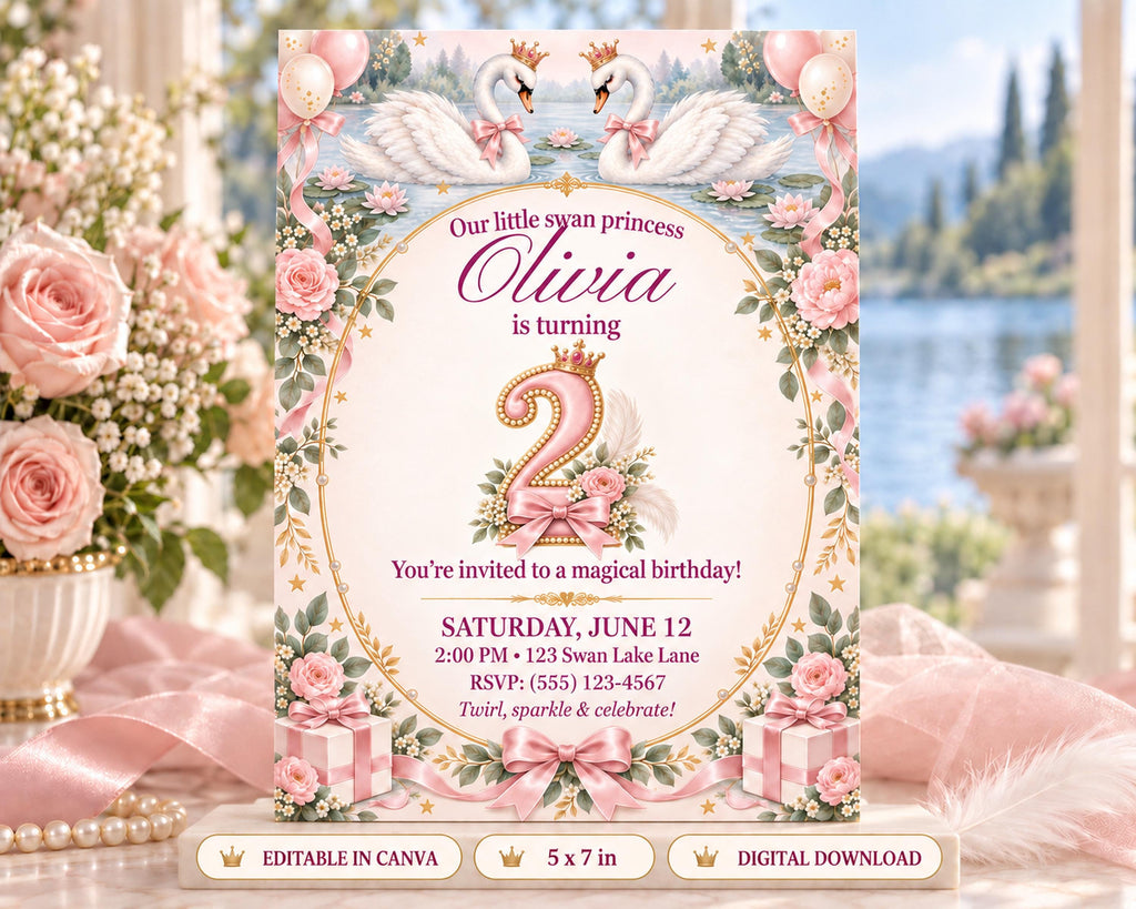 The image is a birthday invitation for a little girl named Olivia, featuring a pink and white color scheme with floral designs and balloons.