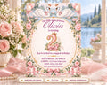 The image is a birthday invitation for a little girl named Olivia, featuring a pink and white color scheme with floral designs and balloons.