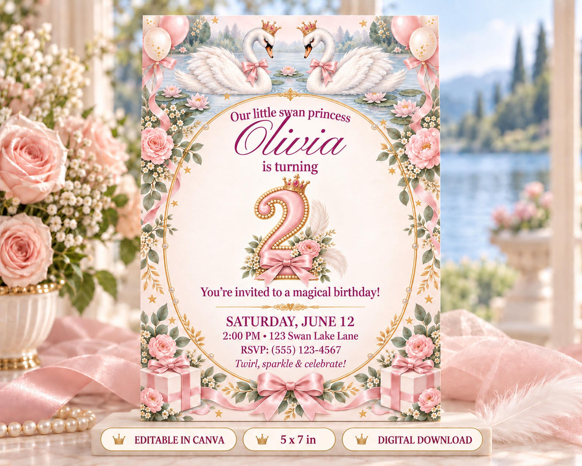 The image is a birthday invitation for a little girl named Olivia, featuring a pink and white color scheme with floral designs and balloons.