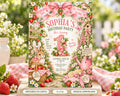 The image is a birthday party invitation featuring a rabbit, flowers, and a pink ribbon. The text on the invitation includes "Sophia's Birthday Party" and "Sweet Girl 1", along with details about the event such as the date, time, location, and RSVP information.