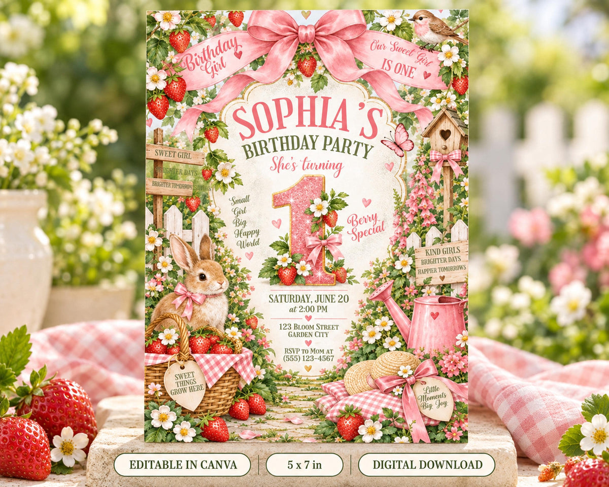 The image is a birthday party invitation featuring a rabbit, flowers, and a pink ribbon. The text on the invitation includes "Sophia's Birthday Party" and "Sweet Girl 1", along with details about the event such as the date, time, location, and RSVP information.