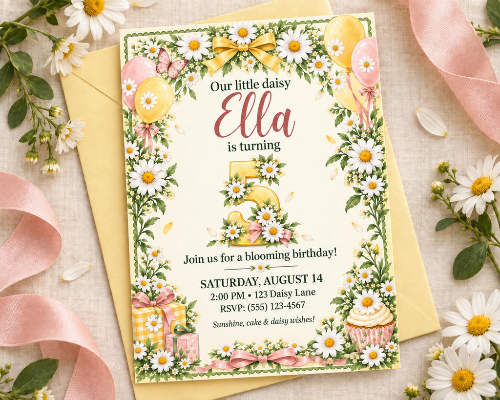 The image is a birthday invitation for a little girl named Ella, featuring a floral border and balloons.