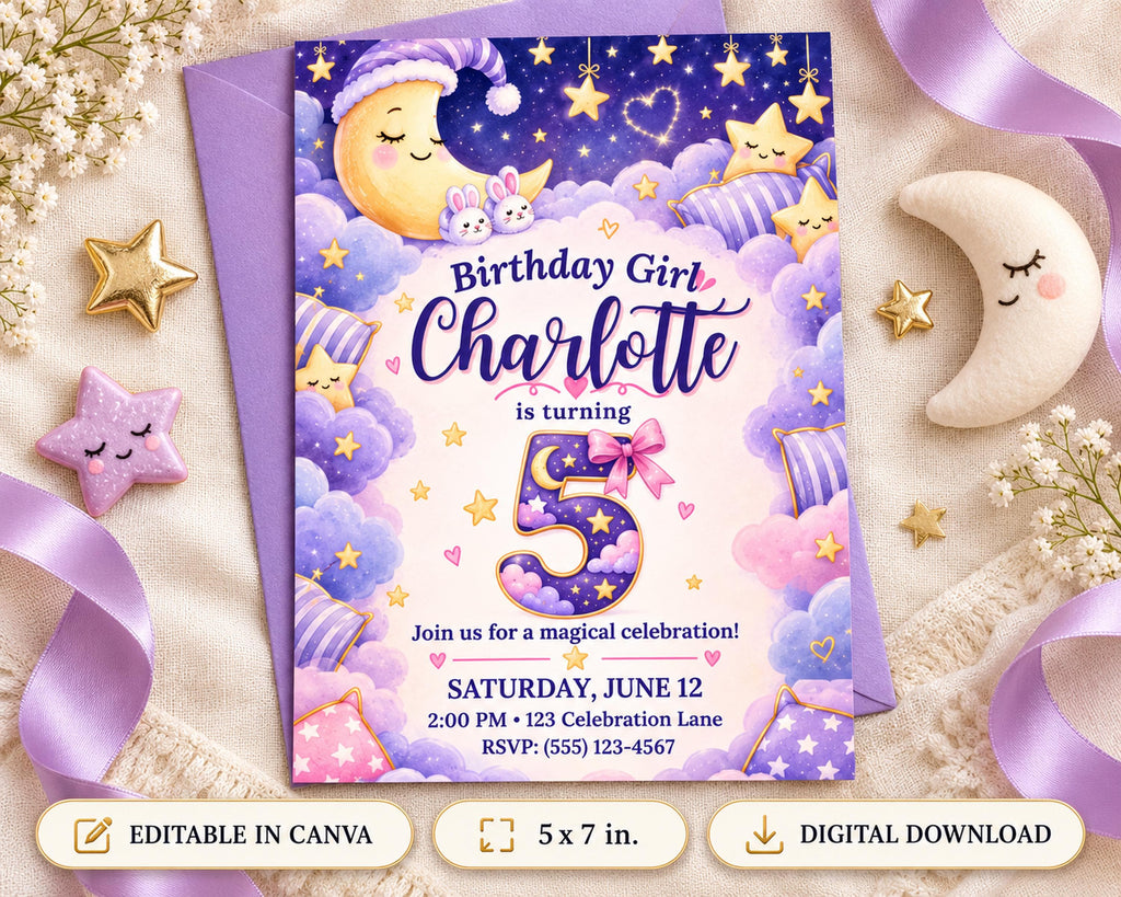 Birthday Girl Charlotte is turning 5, and she is having a magical celebration. The invitation is a purple and gold design with stars, clouds, and a crescent moon. The invitation invites guests to join her for a magical celebration on Saturday, June 12 at 2:00 PM at the Celebration Lane, RSVP (559-123-4567). The invitation also includes options to edit the image in Canva and download it as a digital file.