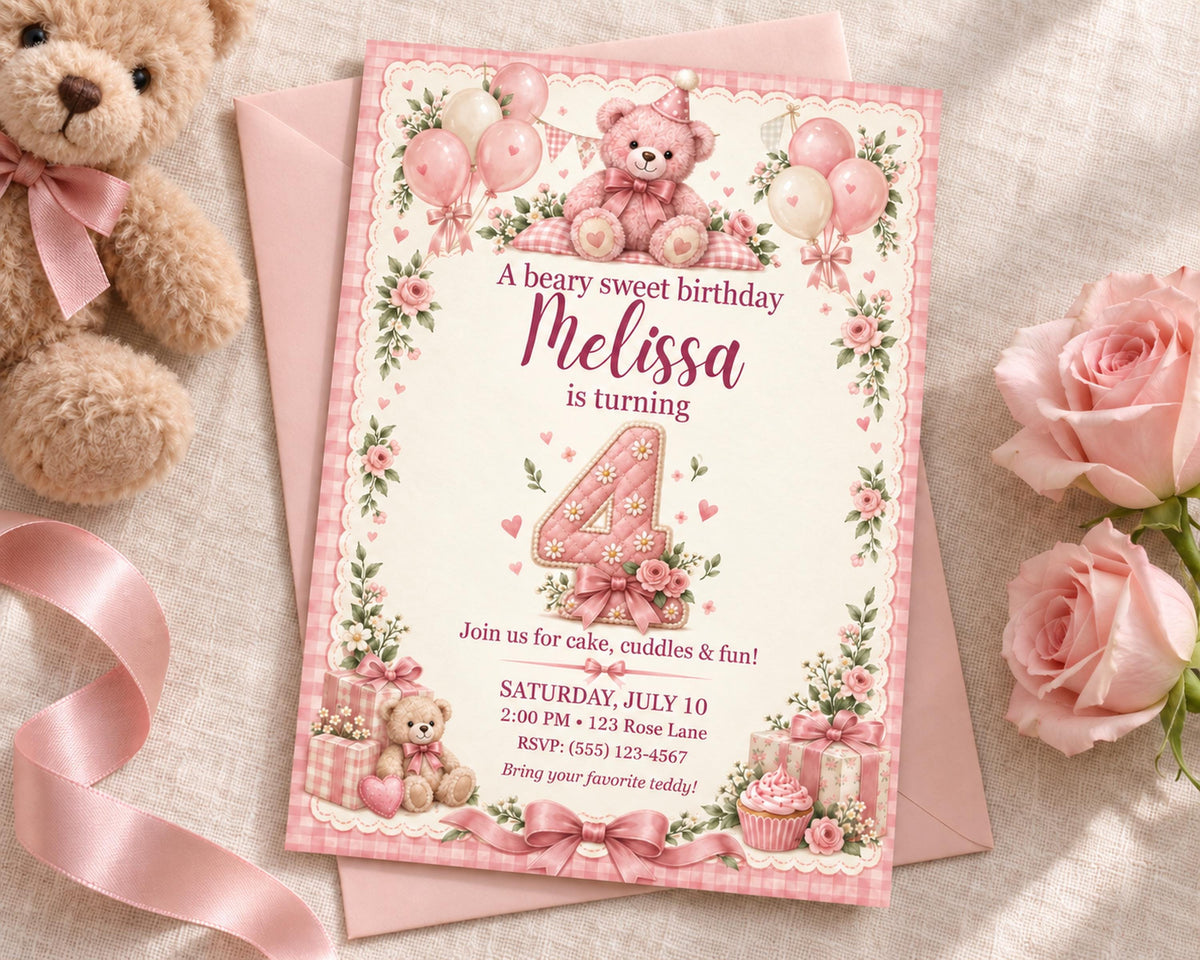 A pink birthday invitation for a girl named Melissa, featuring a teddy bear, balloons, and a number 4 design.