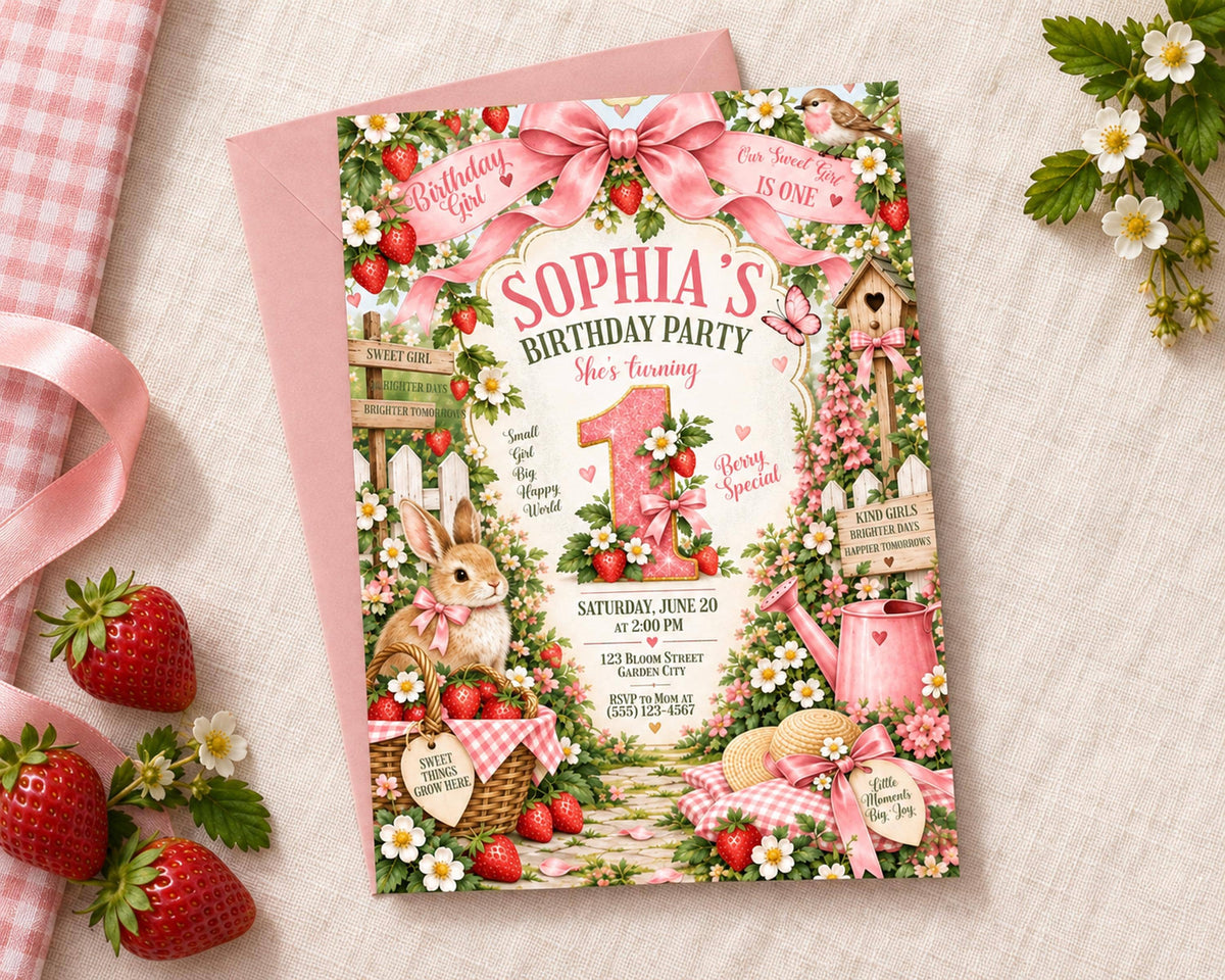 The image is a birthday party invitation featuring a garden theme with a rabbit, flowers, and strawberries. The invitation is pink and decorated with a bow and other garden-themed elements.