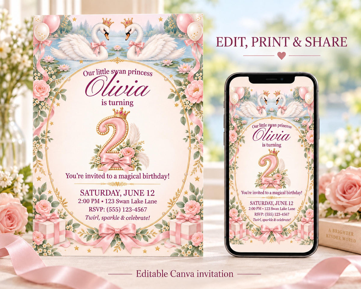 The image is a birthday invitation for a girl named Olivia, featuring a pink and white color scheme with illustrations of swans and balloons. The invitation includes details about the birthday party, such as the date, time, location, and RSVP information.