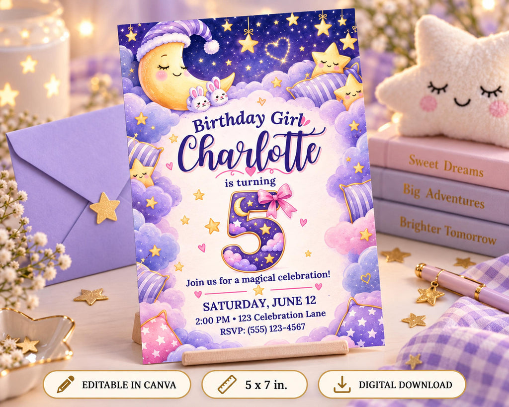A birthday party invitation for a girl named Charlotte turning 5 years old, featuring a night sky theme with stars, a crescent moon, and a sleeping bunny.