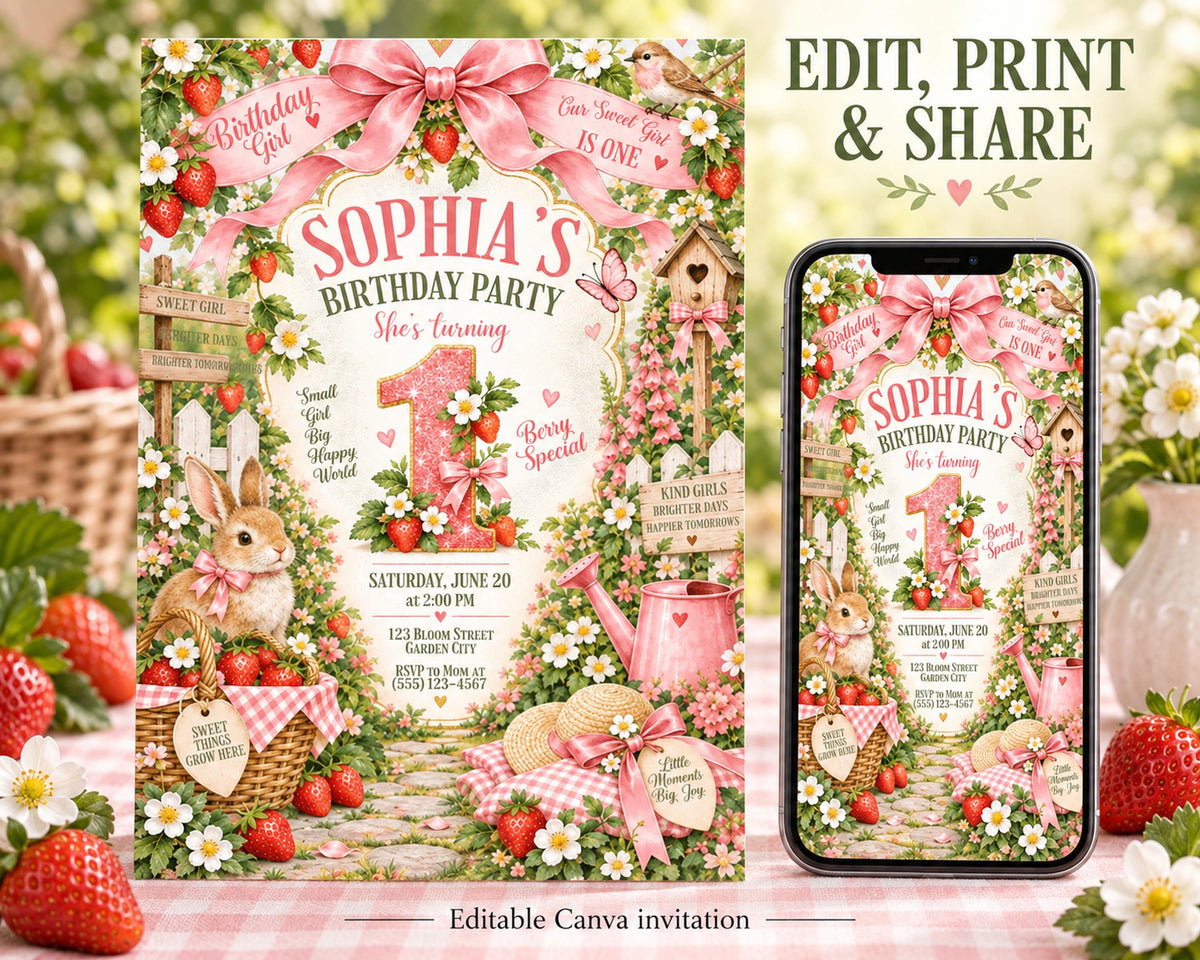 The image is a birthday party invitation featuring a garden theme with a rabbit, flowers, and a pink ribbon. The invitation is for a "Sophia's Birthday Party" and includes details about the event, such as the date, time, location, and special guests.