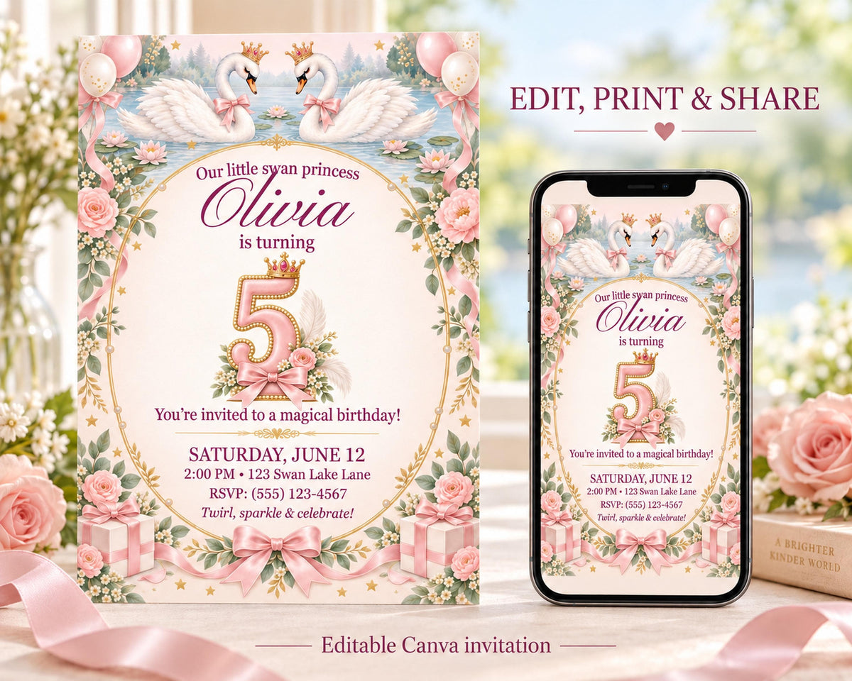 The image is a birthday invitation for a girl named Olivia, which includes a printed invitation card and a digital version displayed on a smartphone.