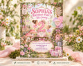 The image is a birthday party invitation featuring a whimsical and magical theme with a young girl and fairies.