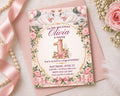 A pink birthday invitation card for a little girl named Olivia's first birthday, featuring a princess theme with swans, flowers, and a number 1.