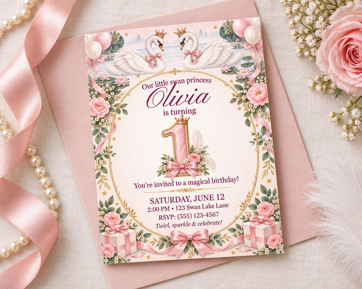 A pink birthday invitation card for a little girl named Olivia's first birthday, featuring a princess theme with swans, flowers, and a number 1.
