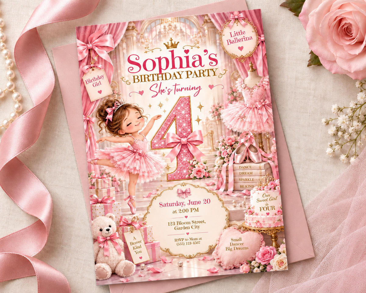 The image is a birthday party invitation featuring a young girl in a pink tutu, surrounded by various pink and white elements such as flowers, ribbons, and a crown.