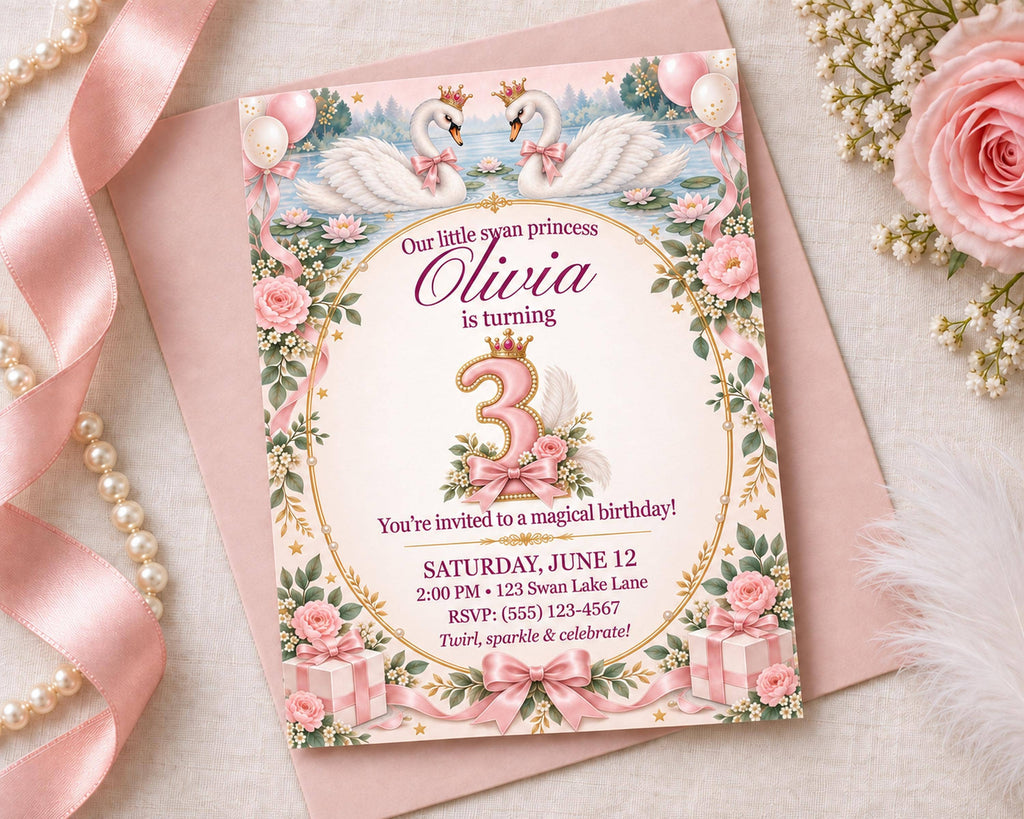 A birthday invitation for a little girl named Olivia, who is turning three years old. The invitation features a pink and white color scheme with illustrations of swans, flowers, and balloons.