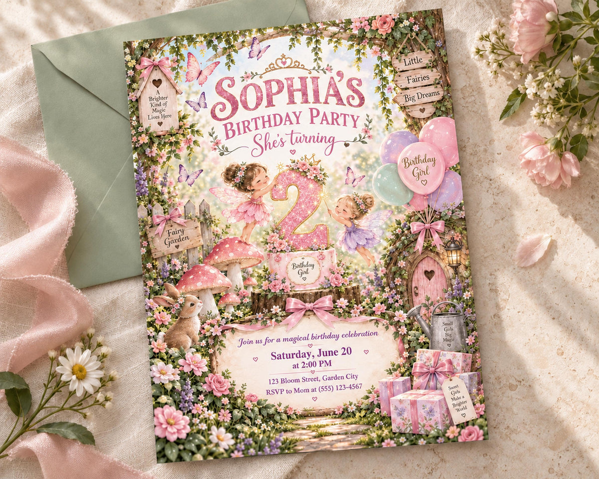 The image is a birthday party invitation featuring a whimsical forest theme with various elements such as flowers, butterflies, and a fairy.