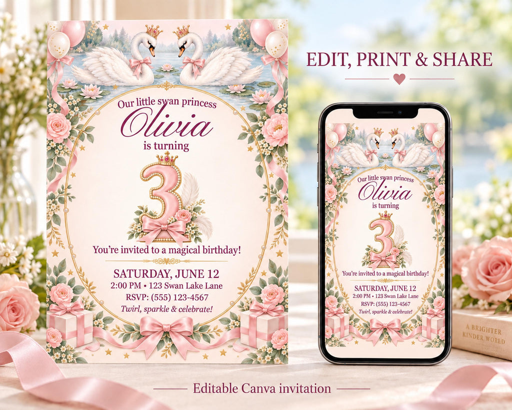 The image is a birthday invitation for a little girl named Olivia, which includes a printed invitation card and a digital version displayed on a smartphone.